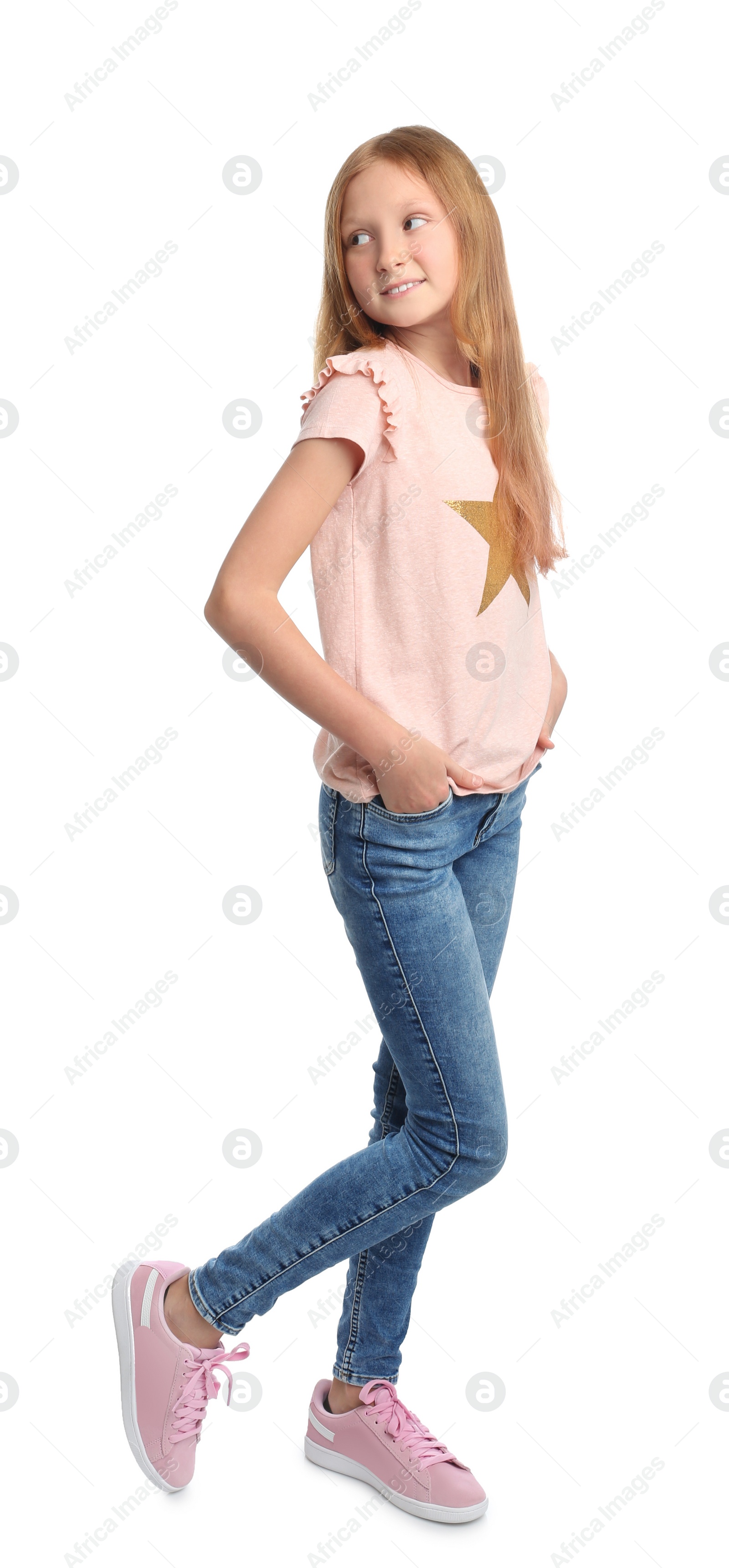 Photo of Full length portrait of preteen girl on white background