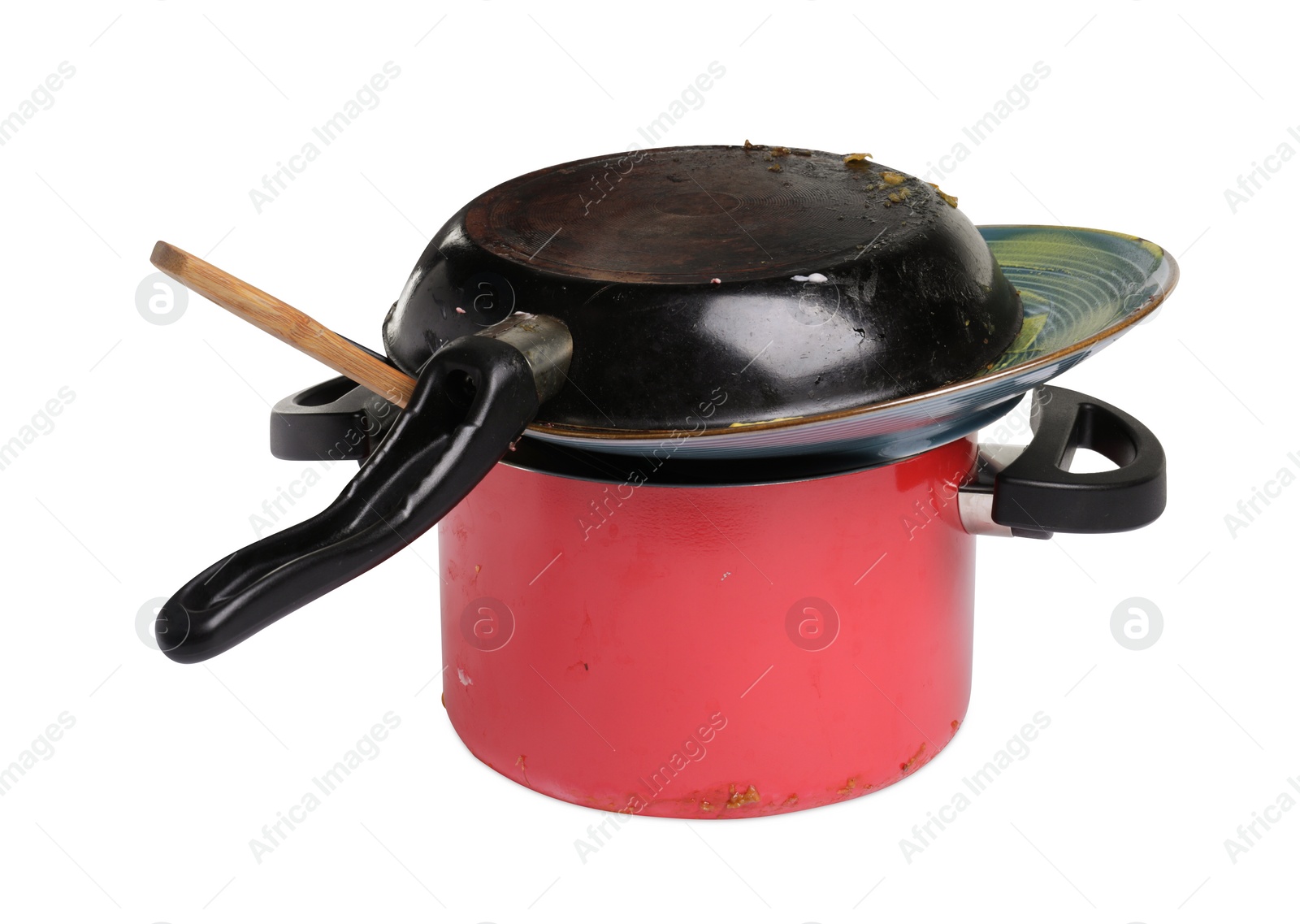 Photo of Stack of dirty kitchenware on white background