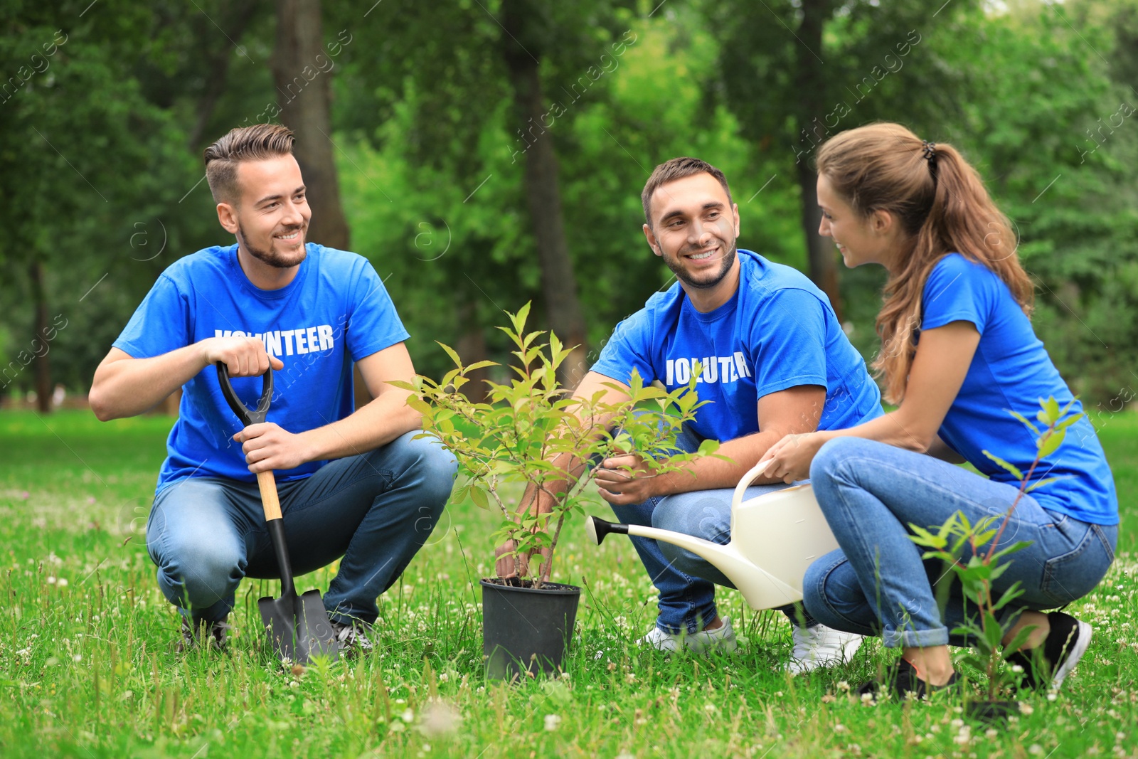 Photo of Young volunteers planting tree in green park. Charity work