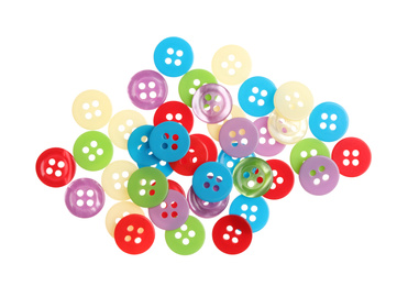 Photo of Many colorful sewing buttons on white background, top view