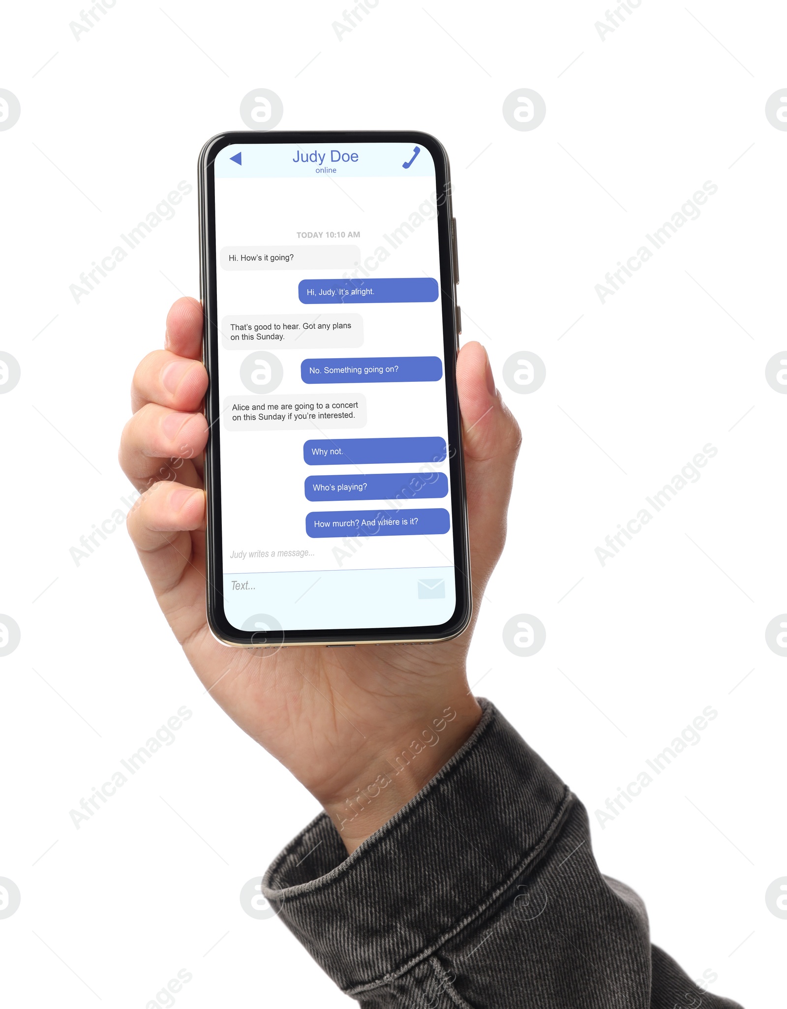 Image of Man texting with friend using messaging application on smartphone against white background, closeup