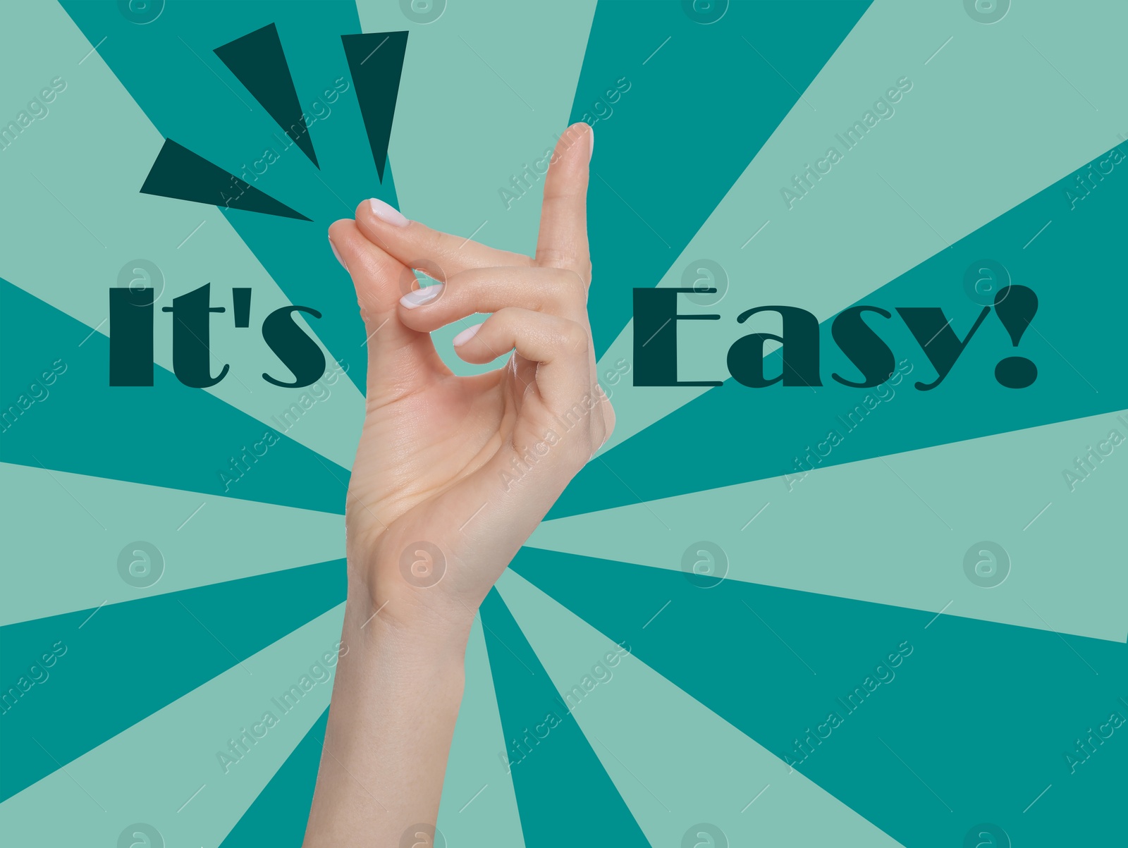 Image of Phrase It's Easy and woman snapping fingers on color background, closeup