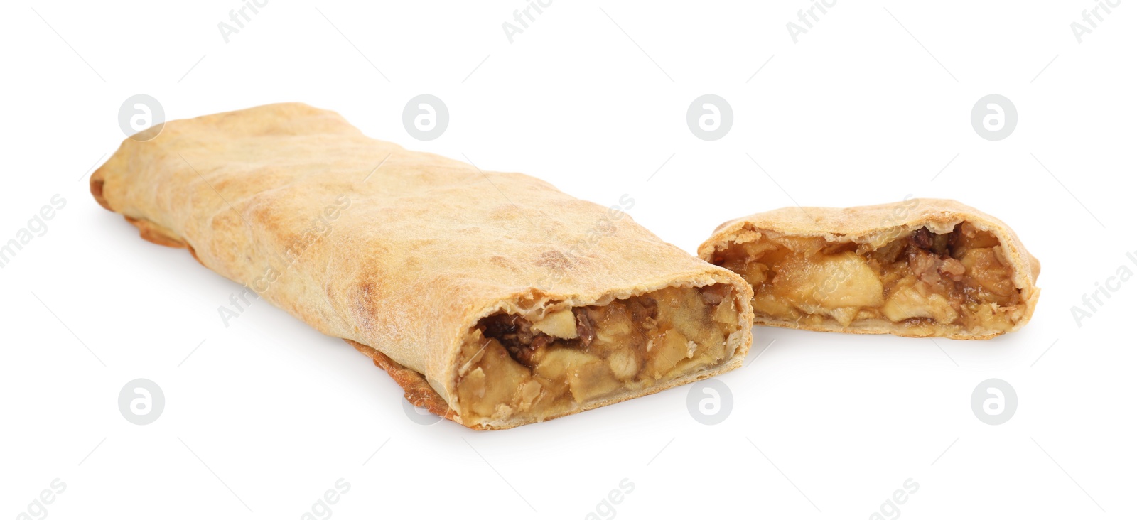 Photo of Delicious strudel with apples and nuts isolated on white