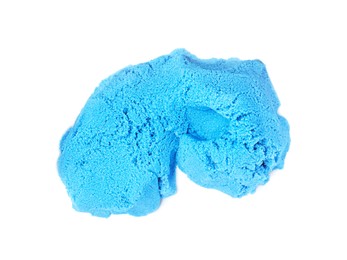 Pile of blue kinetic sand on white background, top view