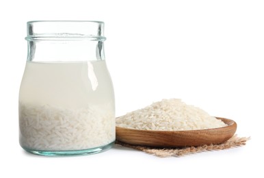 Rice soaked in water on white background