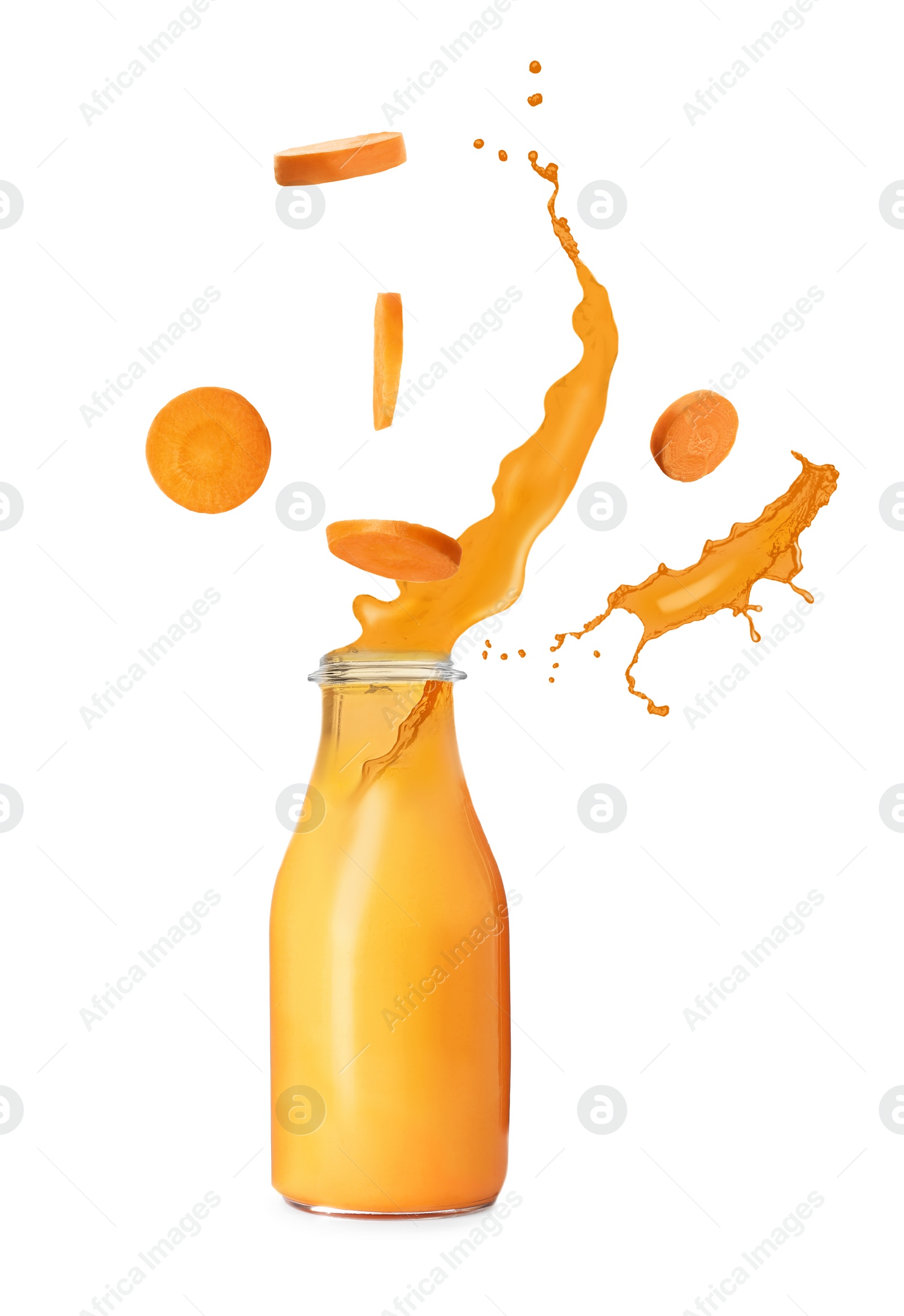 Image of Carrot slices and glass bottle of fresh juice with splashes on white background