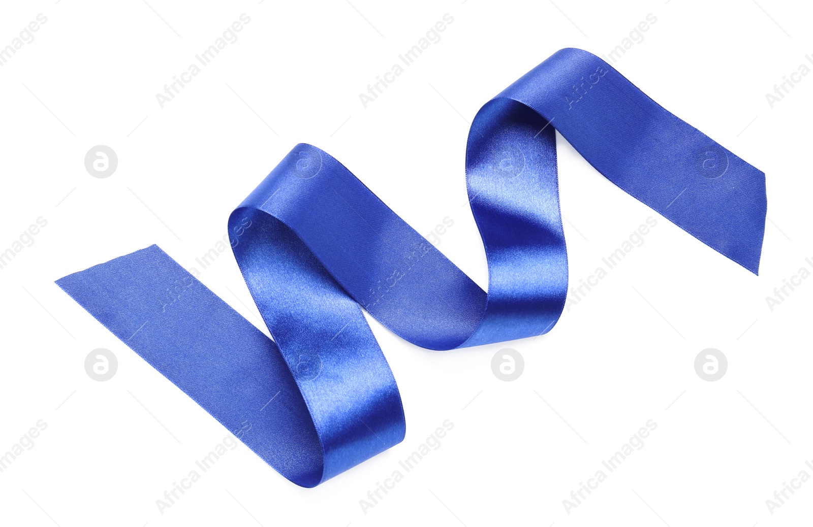 Photo of Beautiful blue ribbon isolated on white, top view