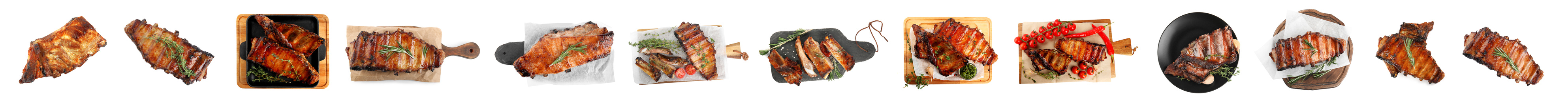 Set of delicious roasted ribs on white background, top view. Banner design 