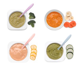 Image of Set of baby food isolated and fresh ingredients on white, top view