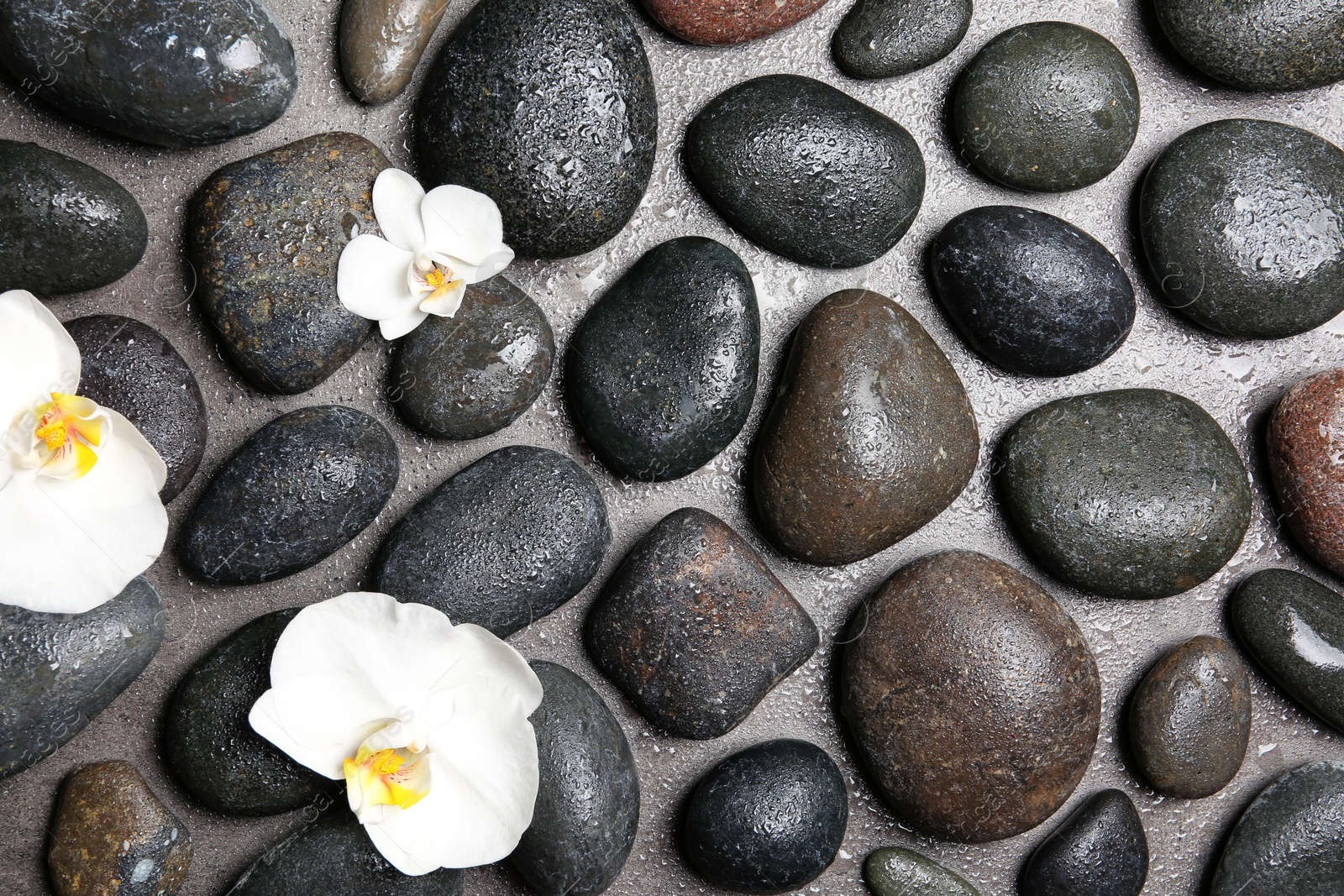 Photo of Flat lay composition with spa stones and beautiful flowers on grey background