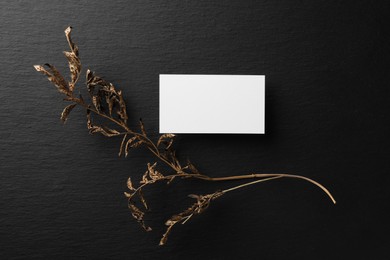 Photo of Empty business card and dried plant on black background, flat lay. Mockup for design