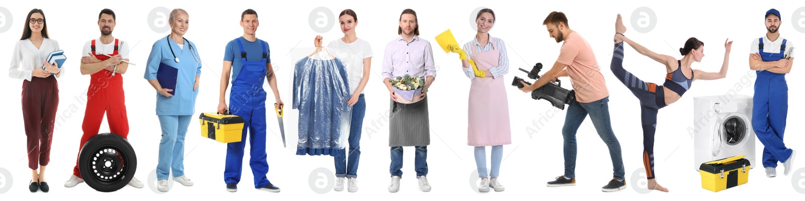 Image of Collage with people of different professions on white background. Banner design