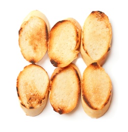 Photo of Toasted bread on white background, top view