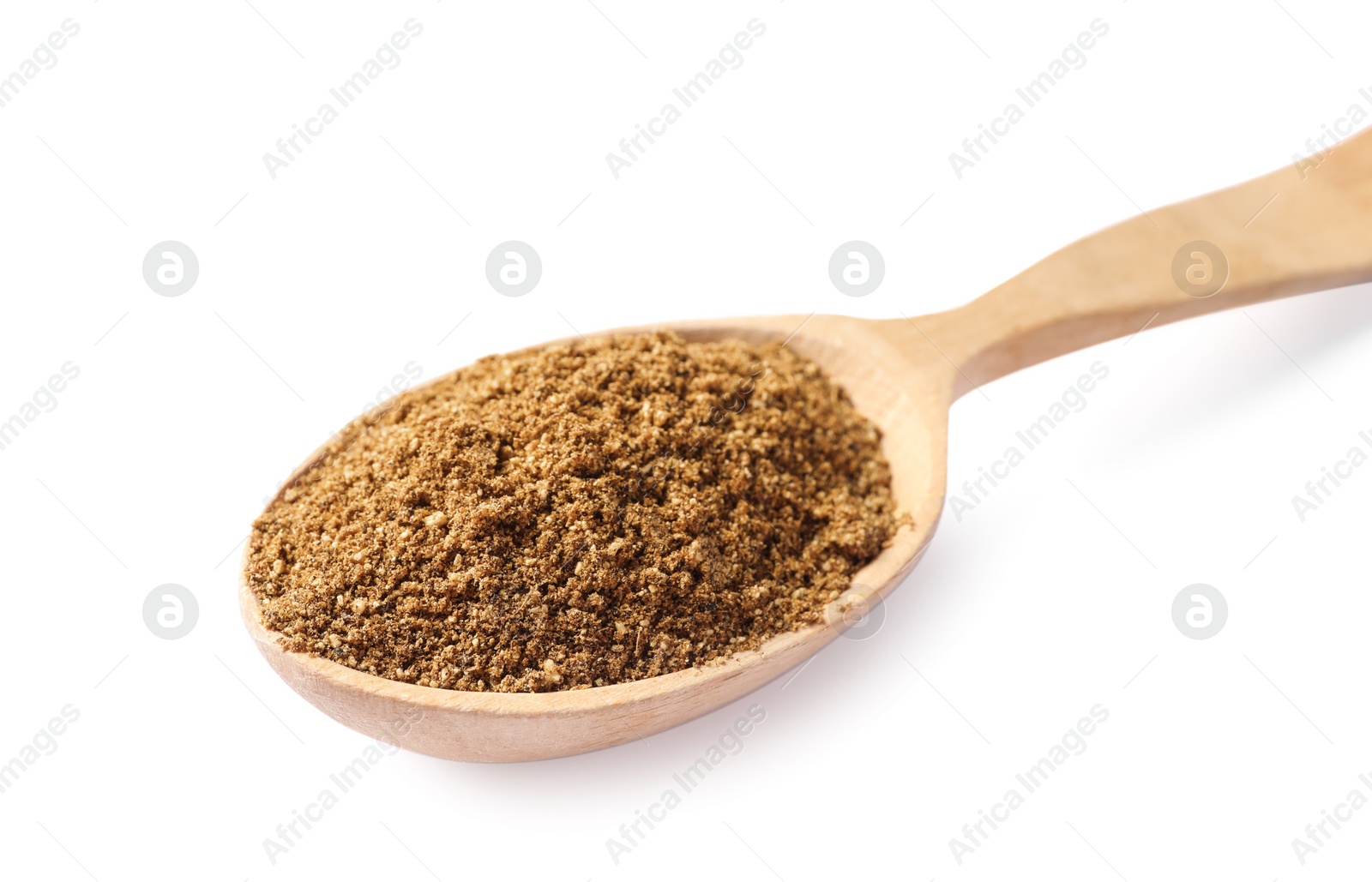 Photo of Spoon of aromatic caraway (Persian cumin) powder isolated on white