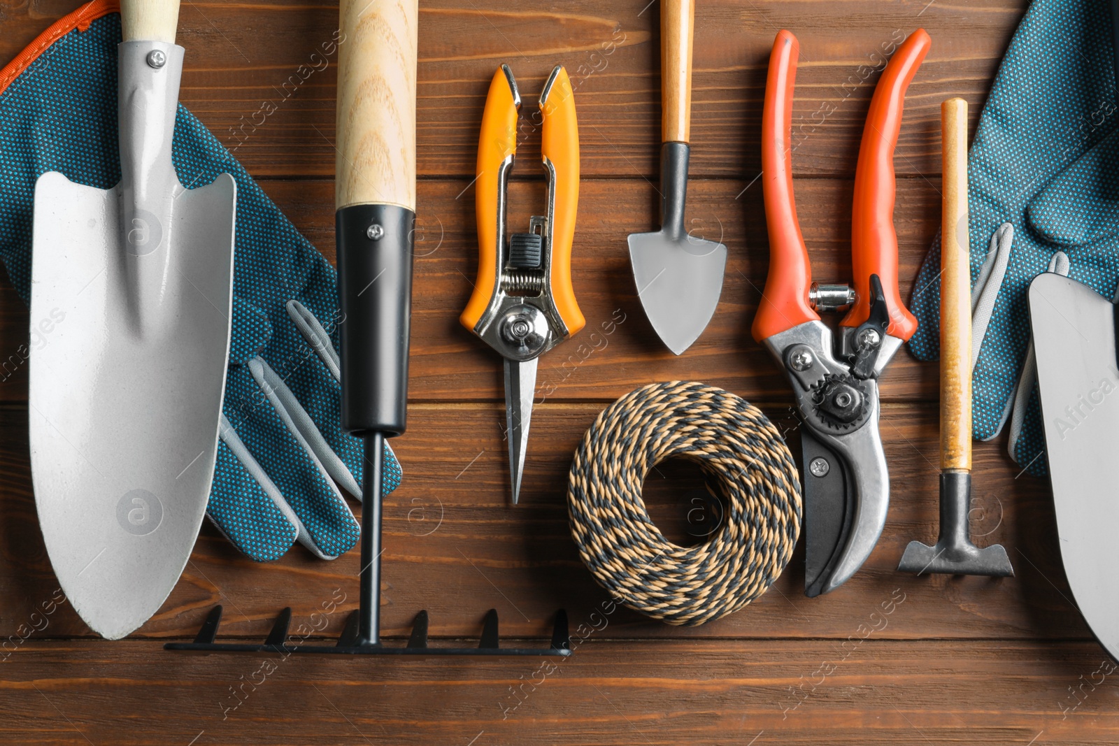 Photo of Flat lay composition with professional gardening tools on wooden background