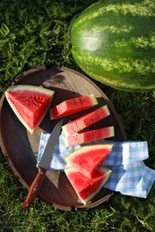 Photo of Tasty ripe watermelons on green grass outdoors, flat lay