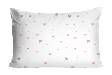 Image of Soft pillow with printed hearts isolated on white