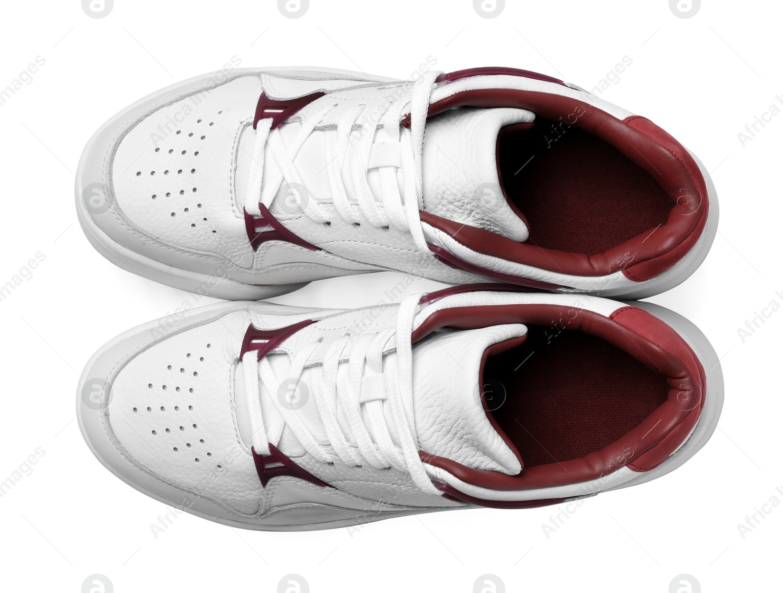 Photo of Pair of stylish shoes on white background, top view