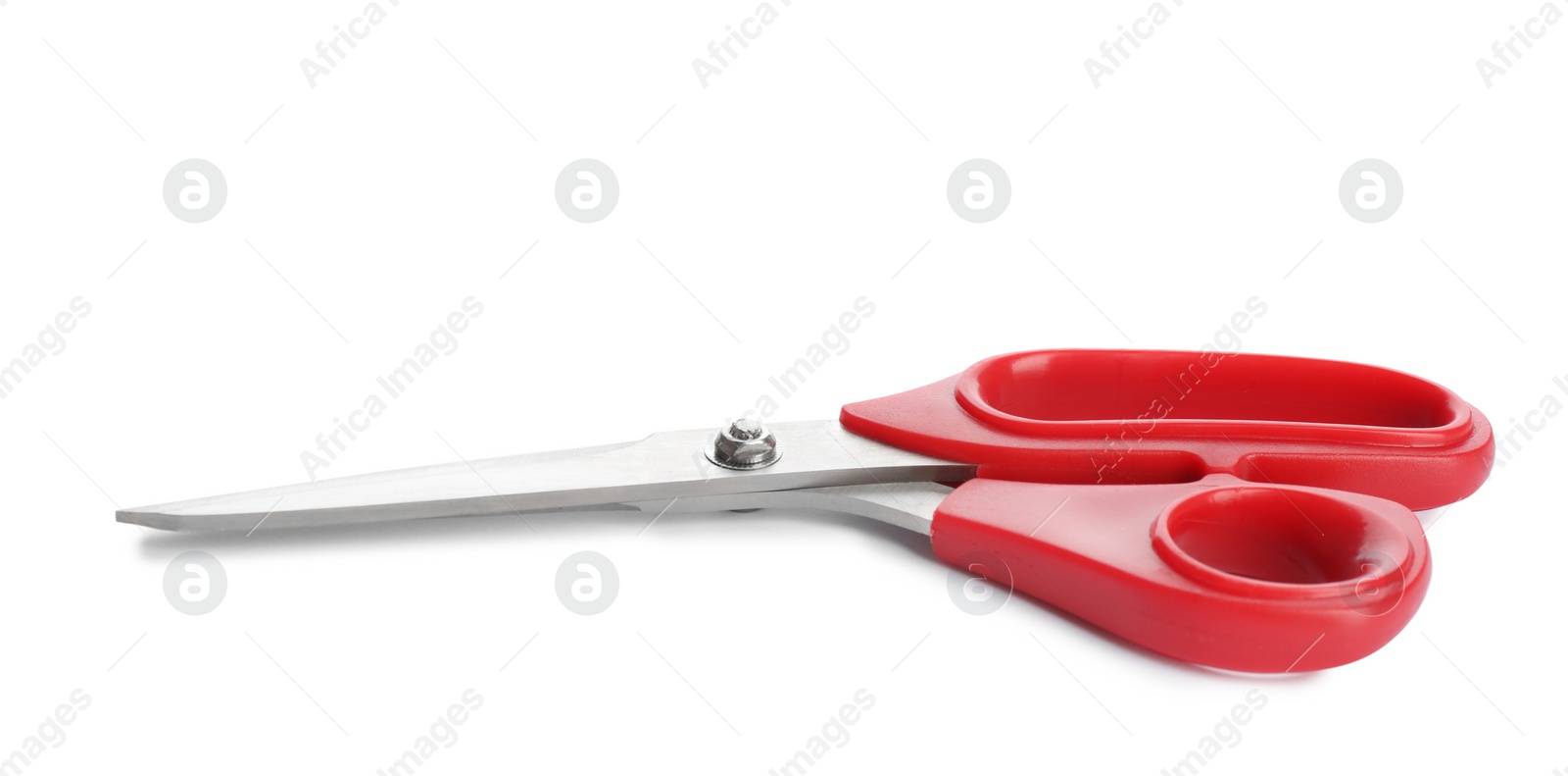 Photo of Pair of sharp sewing scissors on white background