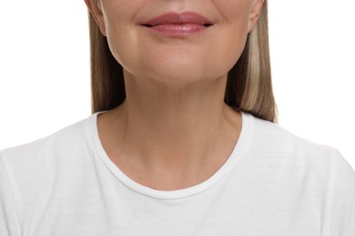 Mature woman with healthy skin on white background, closeup