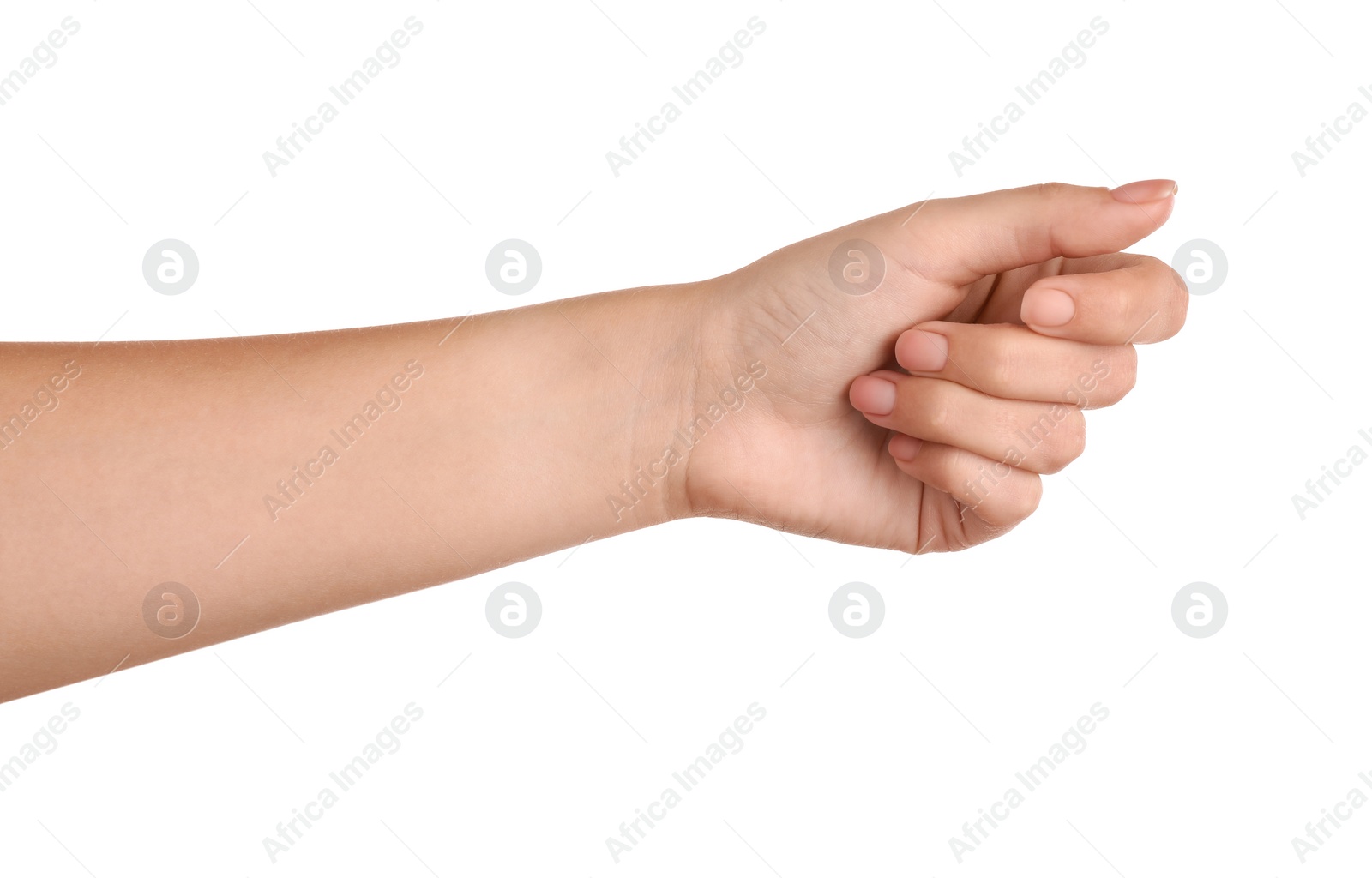 Photo of Woman holding something on white background, closeup of hand