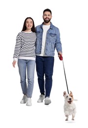 Image of Happy couple walking with dog on white background