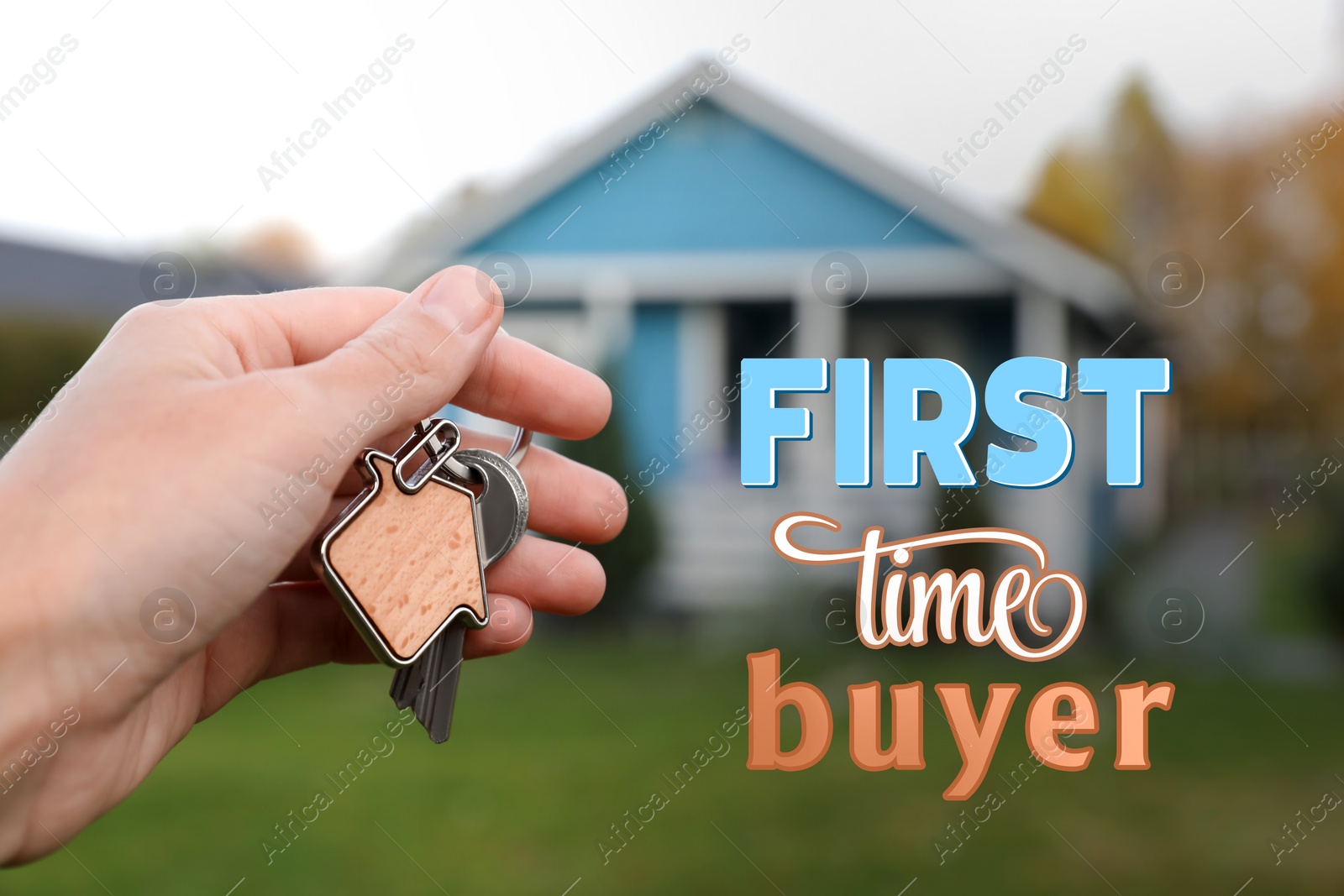 Image of First-time buyer. Woman holding house keys outdoors, closeup