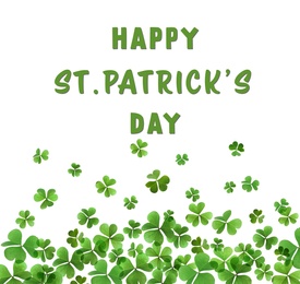 Image of Happy St. Patrick's Day. Green clover leaves on white background