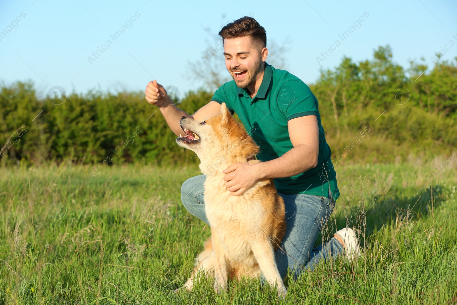 Photo of Young man playing with adorable Akita Inu dog in park