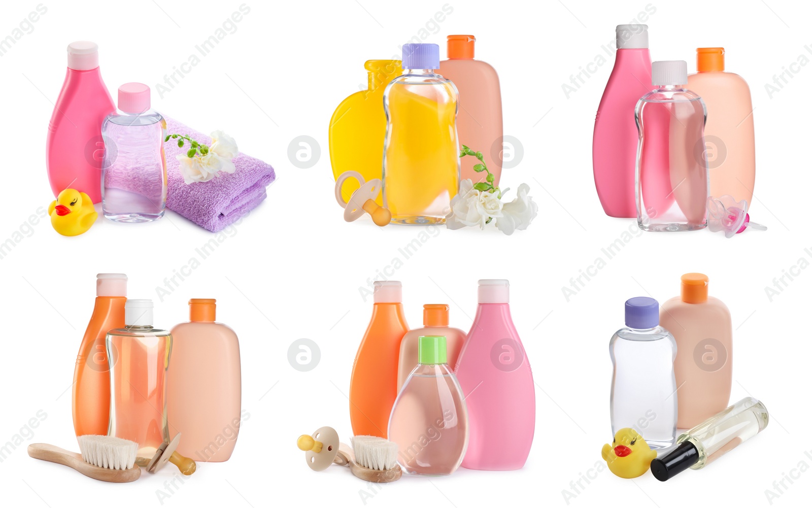 Image of Set with baby oil, other cosmetic products and accessories on white background