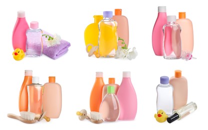 Image of Set with baby oil, other cosmetic products and accessories on white background