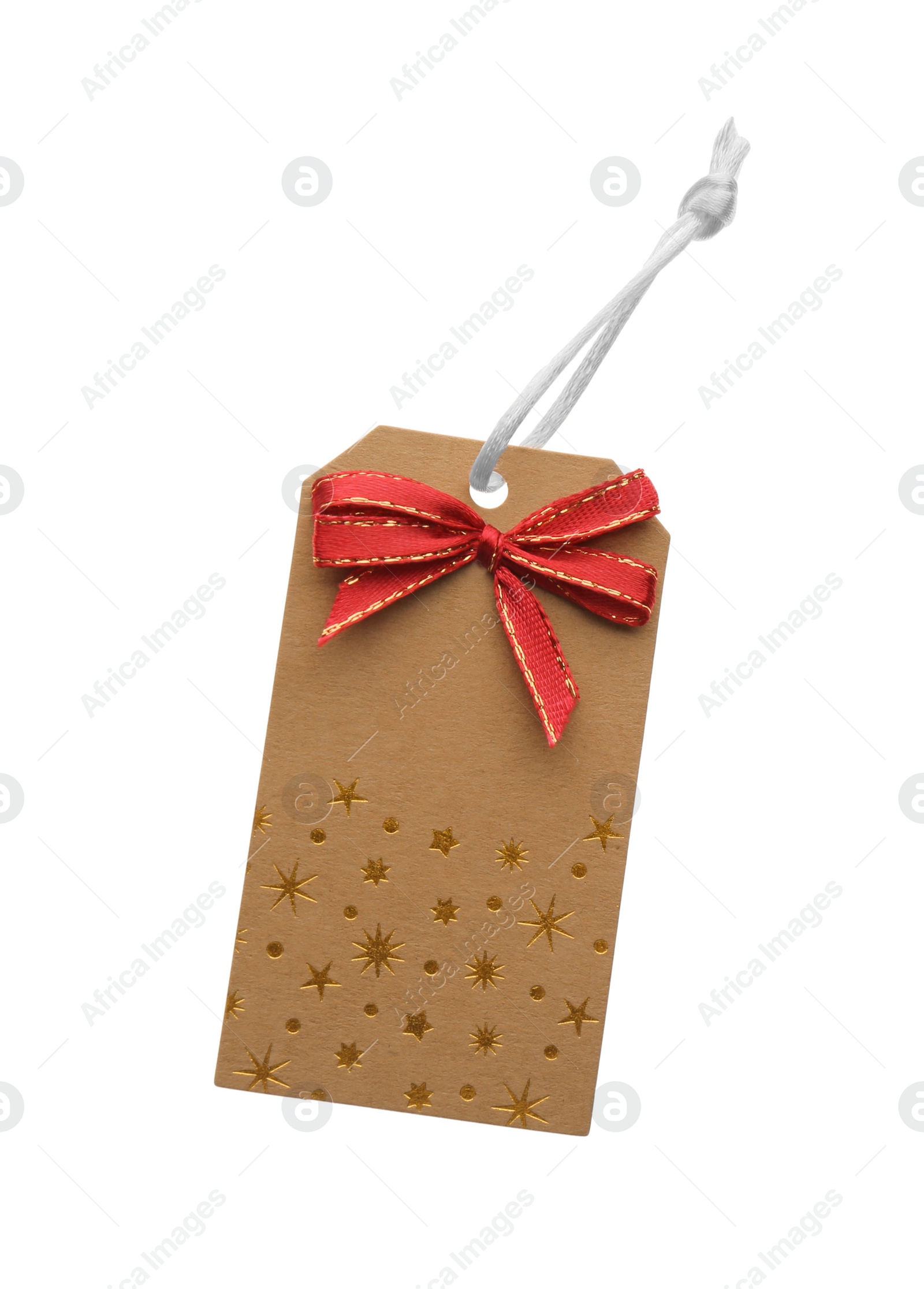 Photo of Cardboard gift tag with red bow isolated on white