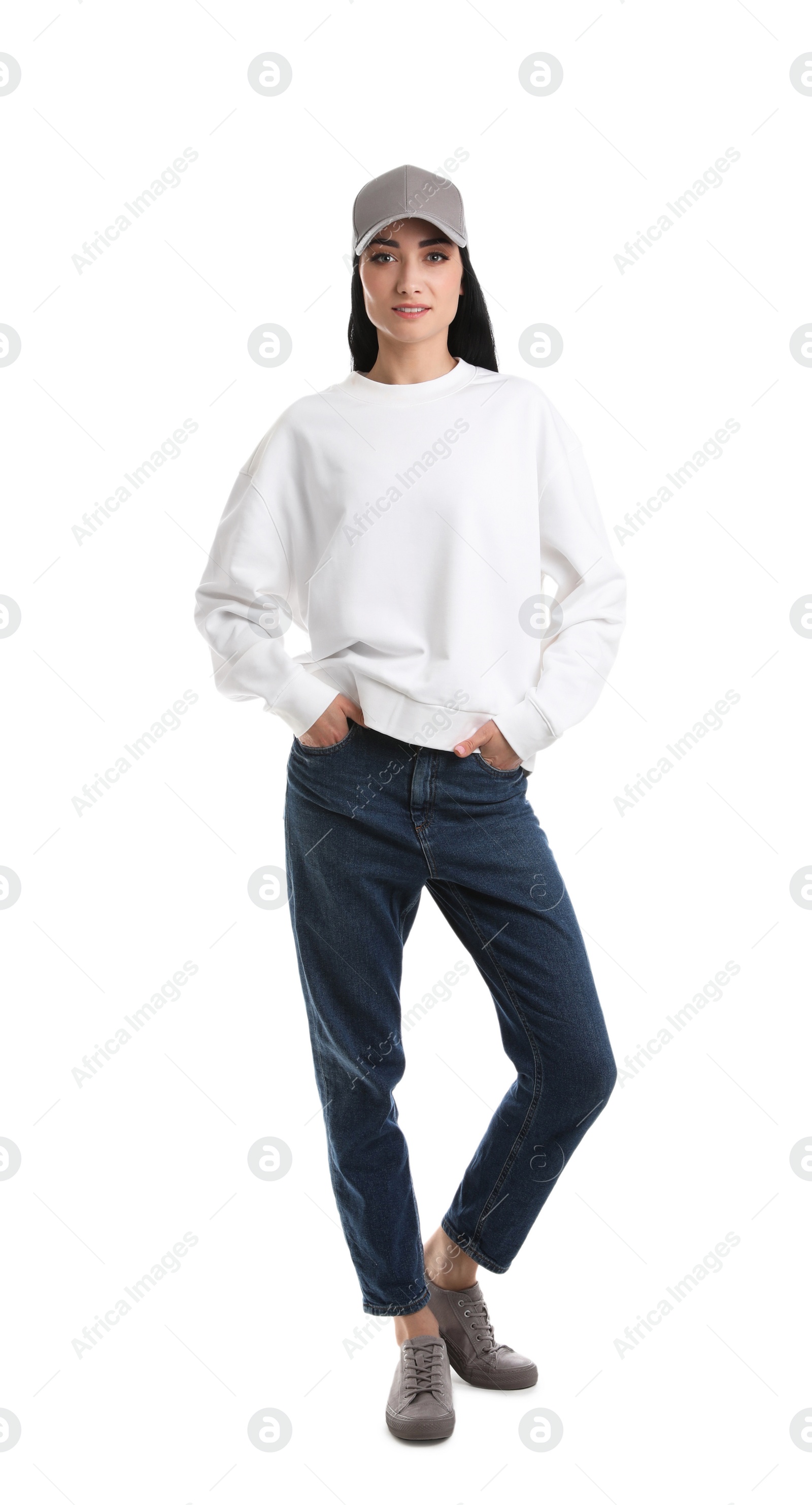 Photo of Full length portrait of young woman in sweater isolated on white. Mock up for design