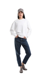 Photo of Full length portrait of young woman in sweater isolated on white. Mock up for design