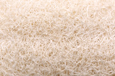 Photo of Loofah sponge as background, closeup. Personal hygiene product