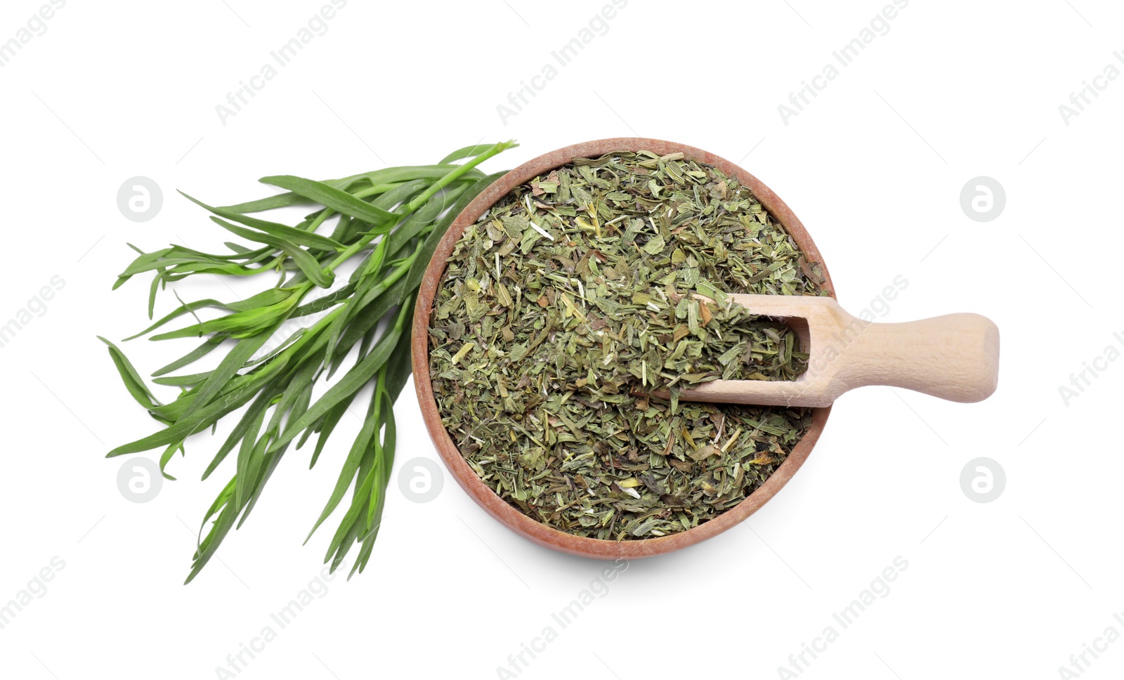 Photo of Bowl of dry tarragon, scoop and fresh leaves isolated on white, top view