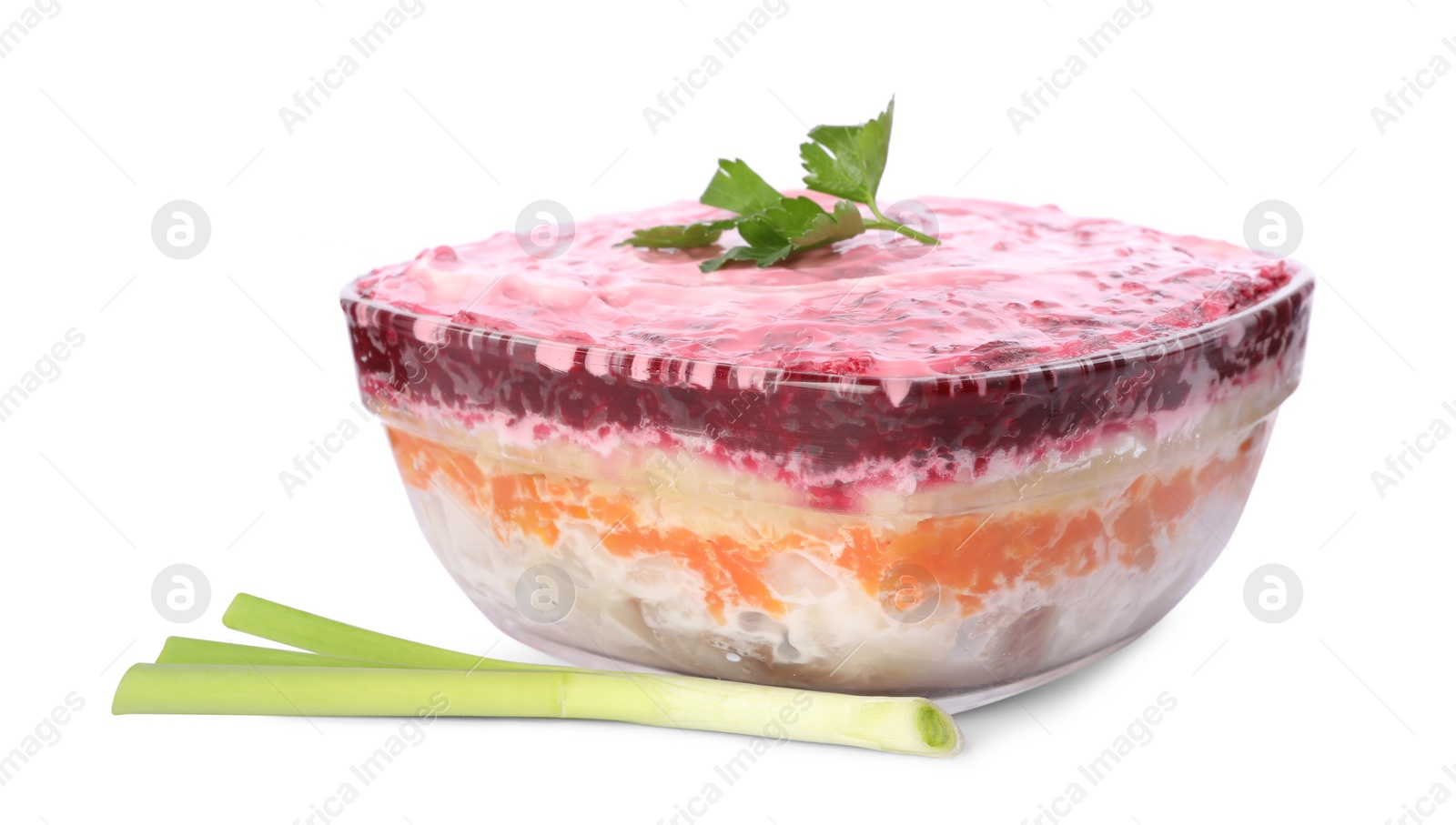 Photo of Herring under fur coat isolated on white. Traditional Russian salad