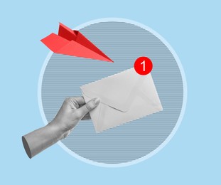 Image of Message, creative art collage. Hand with envelope and paper plane on light blue background