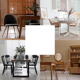 Image of Ideas of stylish dining room interior design, collage of photos. Space for text