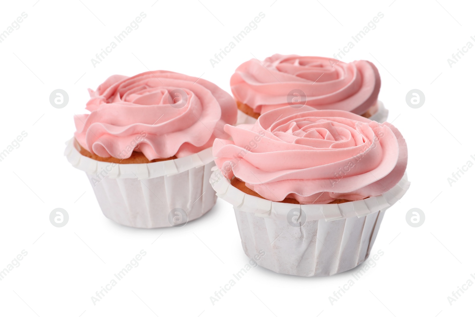 Photo of Baby shower cupcakes with pink cream on white background