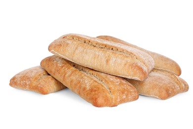 Photo of Crispy ciabattas on white background. Fresh bread