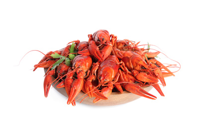 Photo of Bowl with delicious boiled crayfishes isolated on white