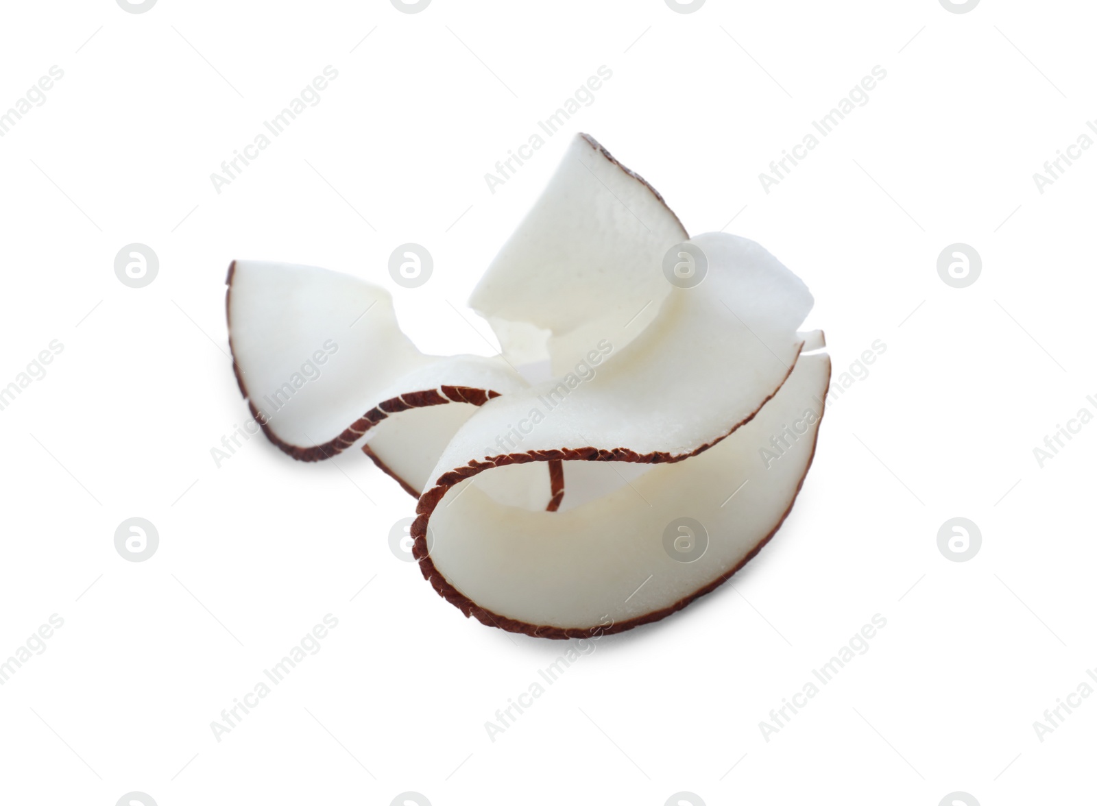 Photo of Tasty fresh coconut flakes isolated on white