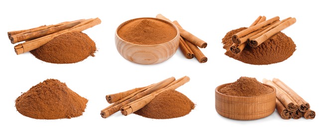 Image of Set with aromatic cinnamon sticks and powder on white background. Banner design