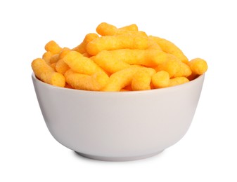 Photo of Many tasty cheesy corn puffs in bowl isolated on white
