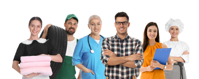 Career choice. People of different professions on white background, banner design