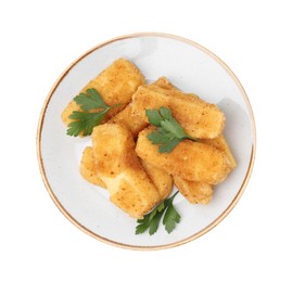 Plate with tasty fried mozzarella sticks and parsley isolated on white, top view