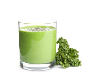 Photo of Tasty fresh kale smoothie on white background