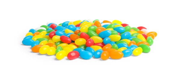 Photo of Delicious colorful jelly beans isolated on white