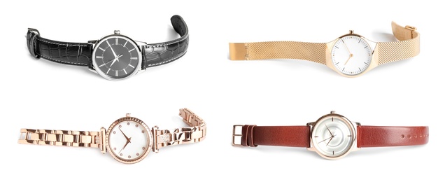 Image of Collage of stylish watches on white background. Banner design 